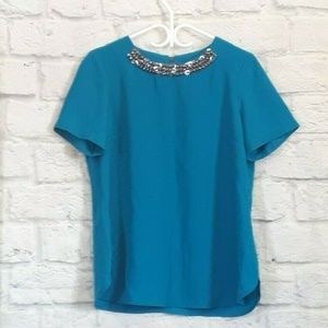 Dunnes Aqua Zip Back Beaded  Short Sleeve Top